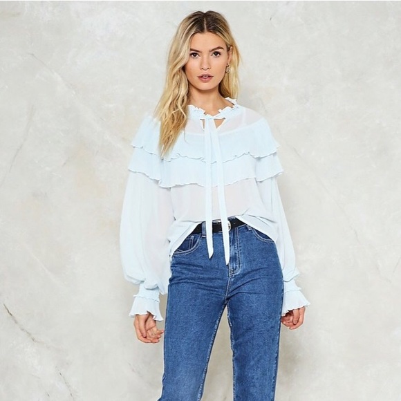 NWT Nasty Gal Blue Gravity Ties Ruffle Top Blouse - Picture 3 of 12